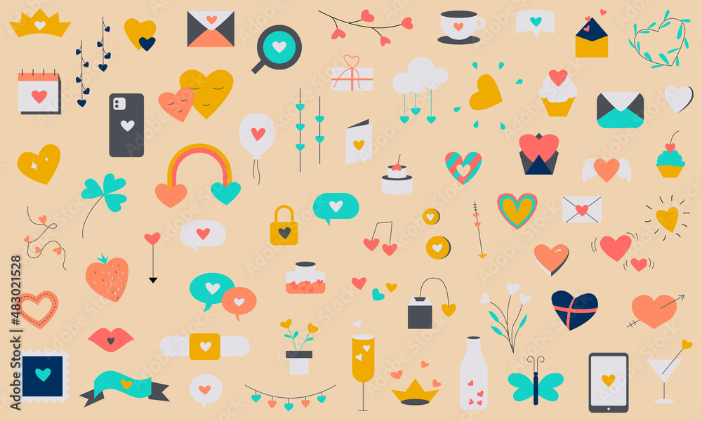 Set of Valentine's Day flat vector illustrations colored hand drawn love hearts and celebrations decorations Set of Valentine's Day flat vector illustrations colored hand drawn love hearts and celebrations decorations