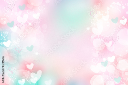 Abstract festive blur light pink pastel background with white pink hearts inside love bokeh for wedding card or Valentine day.  Romantic textured backdrop with space for your design. Card concept.