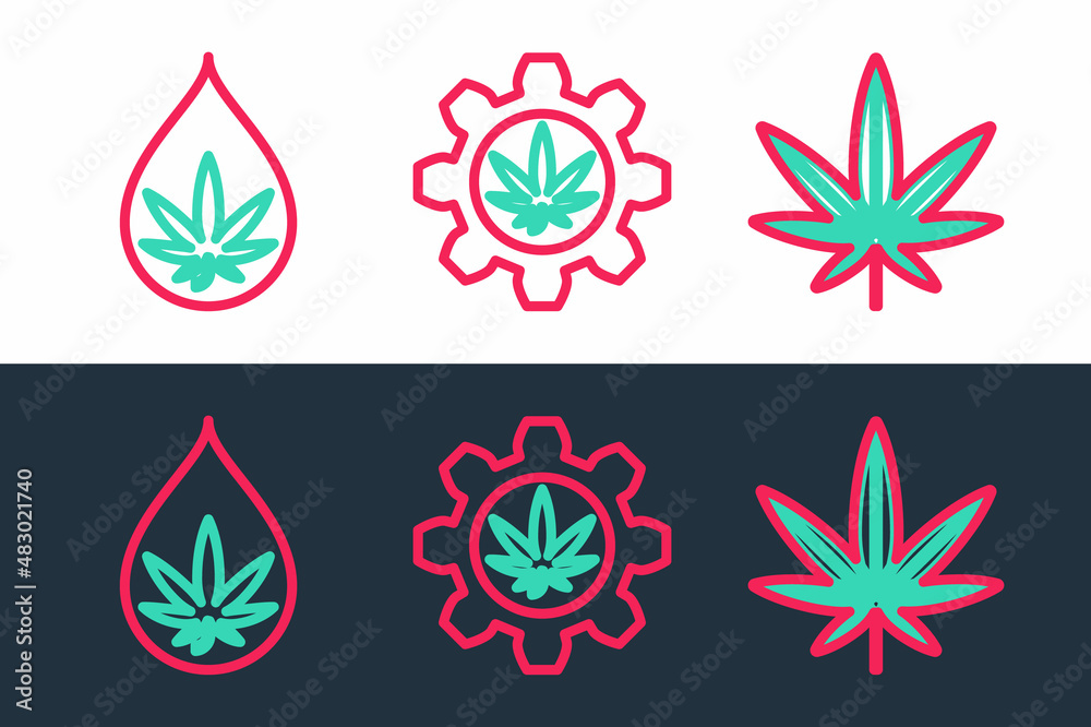 Set line Marijuana or cannabis leaf, oil and Test tube with marijuana icon. Vector