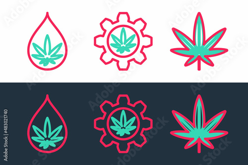 Set line Marijuana or cannabis leaf, oil and Test tube with marijuana icon. Vector