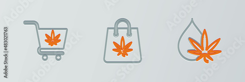 Set line Marijuana or cannabis leaf oil, Shopping cart with marijuana and bag of icon. Vector