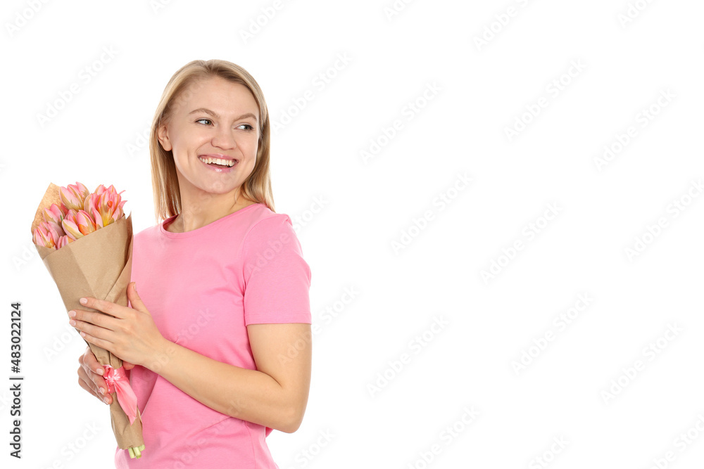 Young woman with bouquet of flowers isolated on white background Young woman with bouquet of flowers isolated on white background