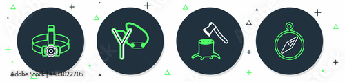 Set line Slingshot, Wooden axe stump, Head flashlight and Compass icon. Vector
