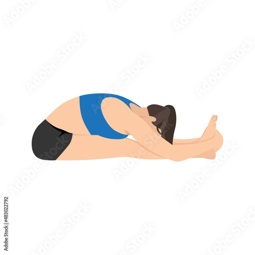 Woman doing paschimottanasana seated forward bend exercise. Flat vector illustration isolated on white background