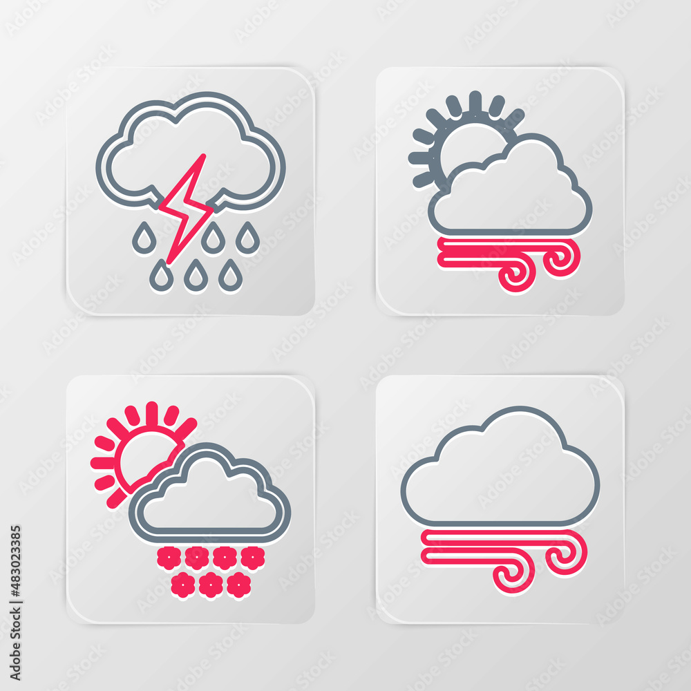 Set line Windy weather, Cloud with snow and sun, and rain lightning icon. Vector Set line Windy weather, Cloud with snow and sun, and rain lightning icon. Vector