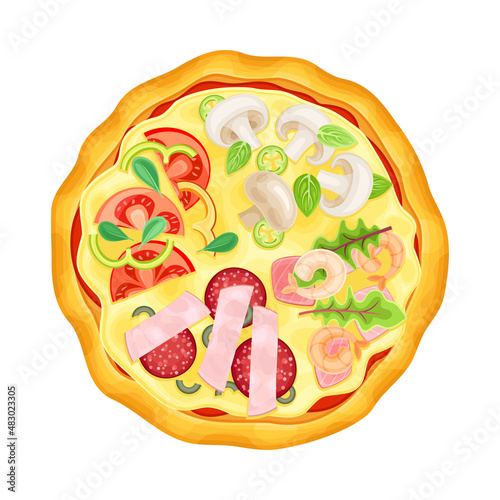 Top view of whole pizza with different tastes. Tasty Italian fast food vector illustration