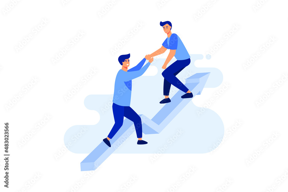 Business teamwork concept. Businessmen working together, helping each other to climb arrow of success. Team of people work hard to reach top position flat vector illustration 