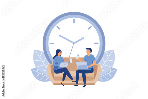 Man and Woman Sitting on Couch or Sofa and Working on Laptop Flat Cartoon Vector Illustration. Collegues Drinking Takeaway Coffee with Huge Clock on Background. Deadline Concept. Time Menagement