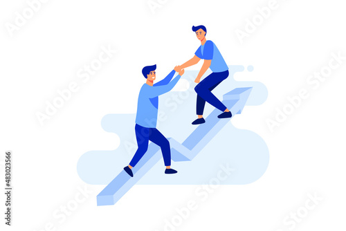 Business teamwork concept. Businessmen working together  helping each other to climb arrow of success. Team of people work hard to reach top position flat vector illustration 