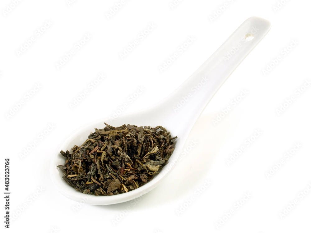 Green Tea Porcelain Spoon isolated on white Background - Healthy Nutrition