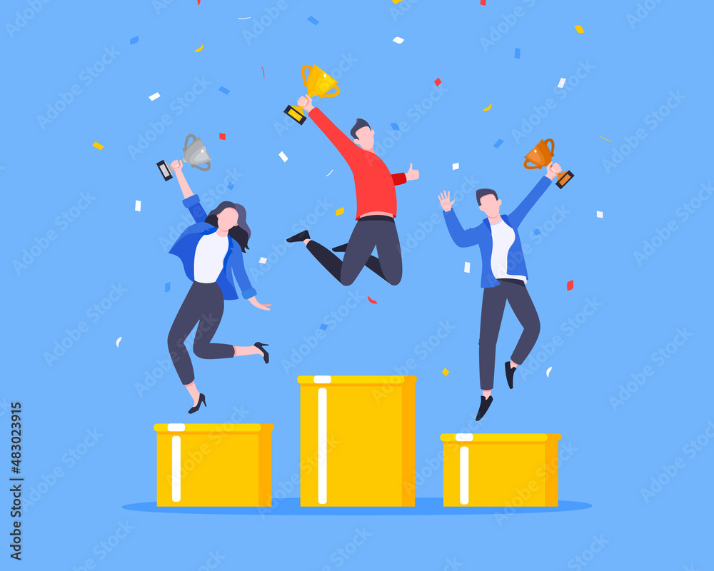 People standing on the podium rank first three places, jumps in the air with trophy cup. Employee recognition and competition award winner business concept flat style design vector illustration. - obrazy, fototapety, plakaty 