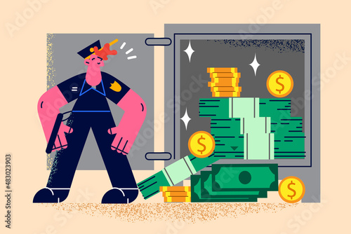 Bank vault with money protected by female security 