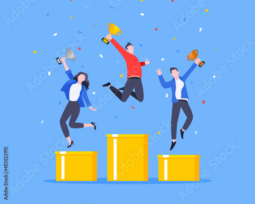 People standing on the podium rank first three places, jumps in the air with trophy cup. Employee recognition and competition award winner business concept flat style design vector illustration.