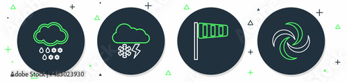 Set line Cloud with snow and lightning, Cone windsock wind vane, rain and Tornado icon. Vector