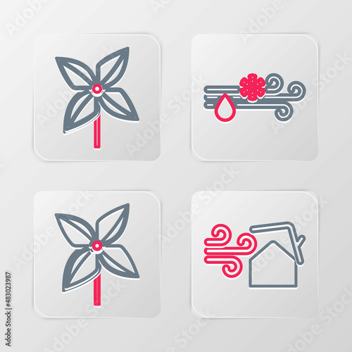 Set line Tornado swirl, Pinwheel, Wind and rain with snow and icon. Vector