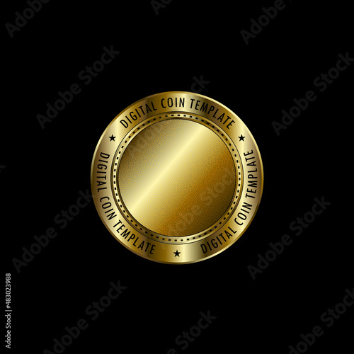 Golden coin template. Vector digital currency symbol made of gold metal with empty space for token logo.