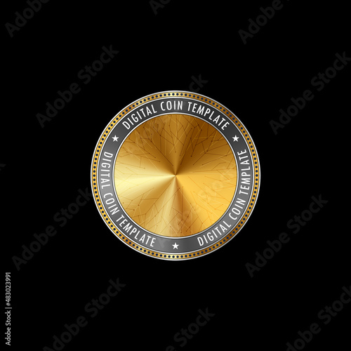 Golden coin template. Vector digital currency symbol made of gold and silver metal with empty space for token logo.
