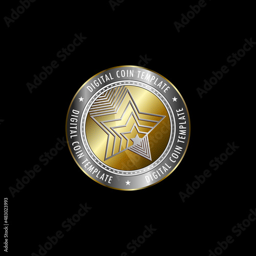 Golden coin template with stars shape. Vector digital currency symbol made of gold and silver metal.