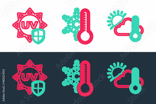 Set line Thermometer and cloud, sun, UV protection and with snowflake icon. Vector