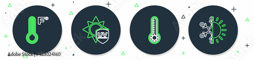 Set line UV protection, Meteorology thermometer, and Sun and snowflake icon. Vector