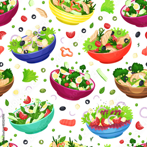 Tasty healthy dishes in bowls seamless pattern. Tasty natural meal banner, background, wallpaper, cover, textile, packaging vector illustration