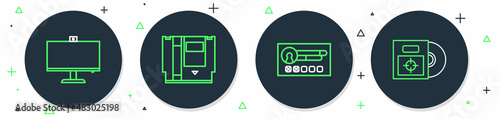 Set line Cartridge, Create account screen, Computer monitor and CD DVD disk in box icon. Vector