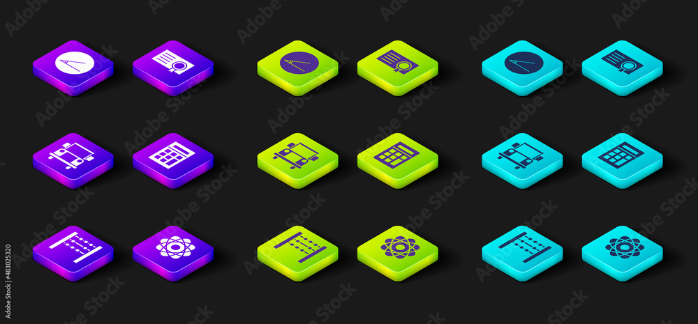 Set Abacus, Atom, School Bus, Calculator, Certificate template and Acute angle icon. Vector Set Abacus, Atom, School Bus, Calculator, Certificate template and Acute angle icon. Vector