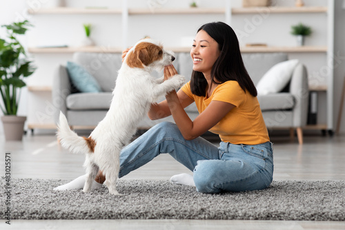 Tableau sur toile Cheerful asian woman training her dog, giving treats