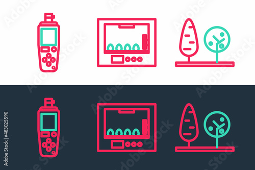 Set line Trees, Portable sensor and Incubator for eggs icon. Vector