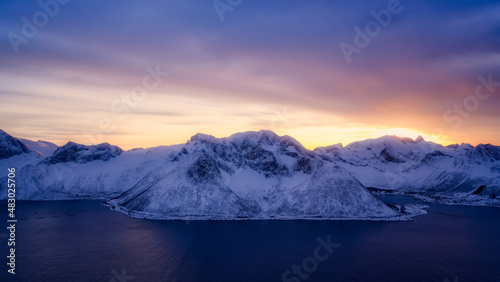 Mountain in Northern Norway in sunset panorama from Segla