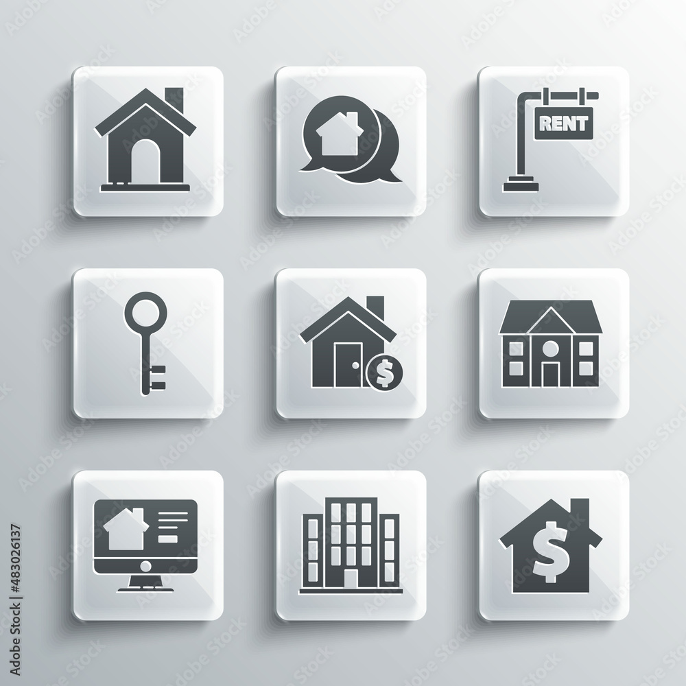 Set House, with dollar symbol, Online real estate house, key, and Hanging sign Rent icon. Vector Set House, with dollar symbol, Online real estate house, key, and Hanging sign Rent icon. Vector