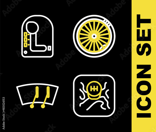 Set line Car wheel, Gear shifter, Windscreen wiper and icon. Vector