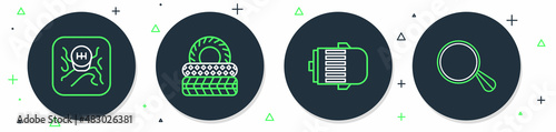 Set line Car tire, Electric engine, Gear shifter and mirror icon. Vector