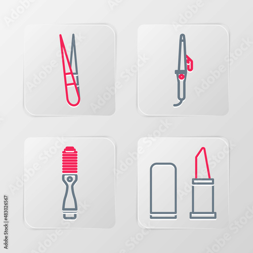 Set line Lipstick, Hairbrush, Curling iron and Eyebrow tweezers icon. Vector