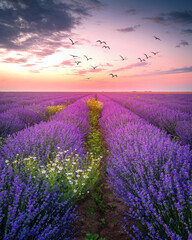 Papier peint photo Prune Lavender fields during sunset  © Yordan