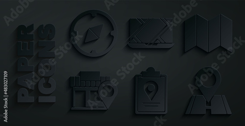 Set Folded map with location marker, Location store, City navigation and Compass icon. Vector