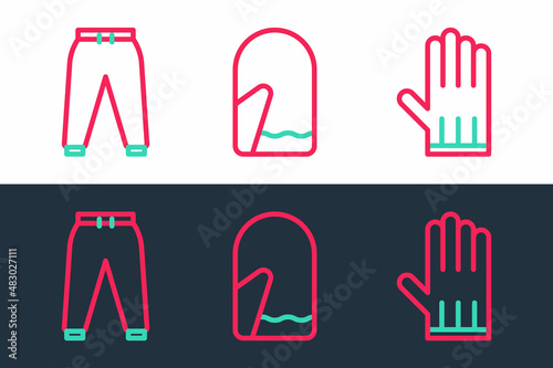 Set line Leather glove  Sport pants and Christmas mitten icon. Vector