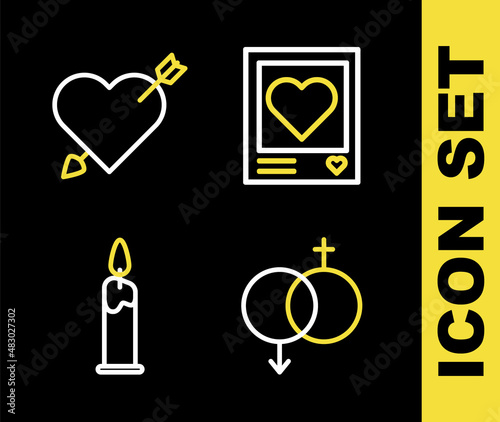 Set line Photo frames and hearts, Gender, Burning candle and Amour with arrow icon. Vector