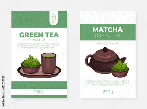 Green tea, matcha labels set. Identity, branding, packaging design vector illustration