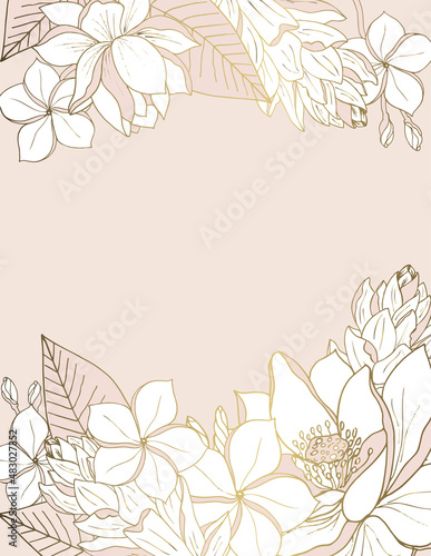 Elegant background design with Lotus and Plumeria flowers. Tropical flowers on a pink background.