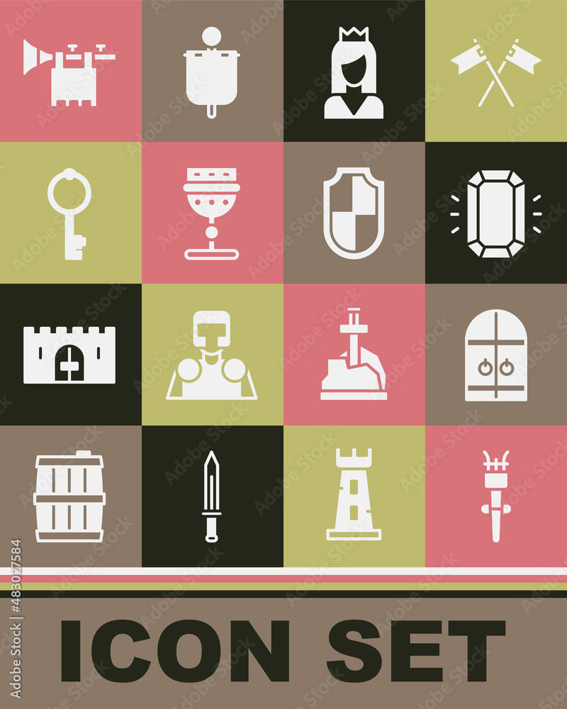 Set Torch flame, Medieval castle gate, Diamond, Princess, goblet, Old key, Trumpet with flag and Shield icon. Vector Set Torch flame, Medieval castle gate, Diamond, Princess, goblet, Old key, Trumpet with flag and Shield icon. Vector