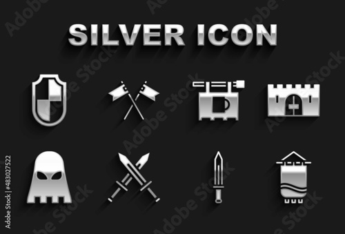 Set Crossed medieval sword, Medieval castle gate, flag, Executioner mask, Street signboard with Bar, Shield and icon. Vector