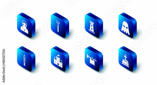 Set Garden pitchfork, Castle tower, Executioner mask, Sword in the stone, Trumpet with flag, Castle, fortress, Medieval sword and Monk icon. Vector