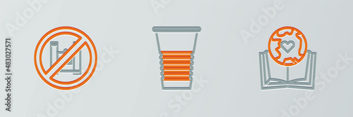 Set line Earth globe and book, Say no to plastic bags poster and Paper glass icon. Vector