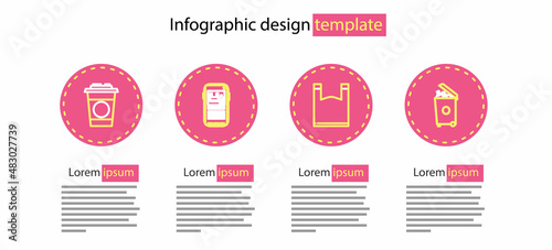 Set line Plastic bag, Trash can, Stop plastic pollution and Paper glass icon. Vector