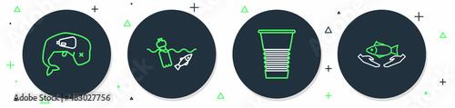 Set line Problem pollution of the ocean, Paper glass, Environment protection whale dead and Fish care icon. Vector