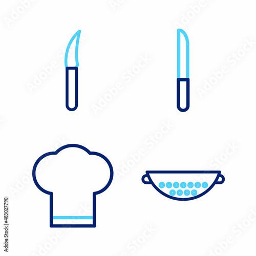 Set line Kitchen colander, Chef hat, Knife and icon. Vector