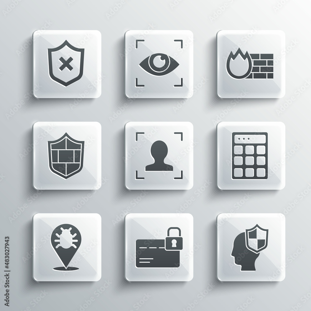 Set Credit card with lock, Head shield, Password protection, Face recognition, System bug, Shield brick wall, cross mark and Firewall, security icon. Vector Set Credit card with lock, Head shield, Password protection, Face recognition, System bug, Shield brick wall, cross mark and Firewall, security icon. Vector