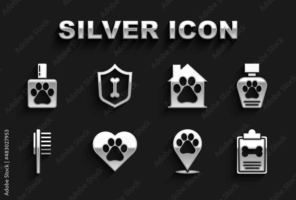 Set Heart with animals footprint, Pet shampoo, Clinical record pet, Location veterinary, Pets vial medical, house, and Animal health insurance icon. Vector Set Heart with animals footprint, Pet shampoo, Clinical record pet, Location veterinary, Pets vial medical, house, and Animal health insurance icon. Vector