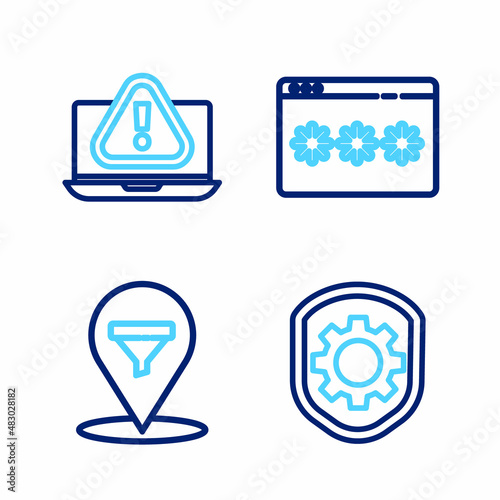 Set line Shield with settings gear, Location sales funnel, Password protection and Laptop exclamation mark icon. Vector